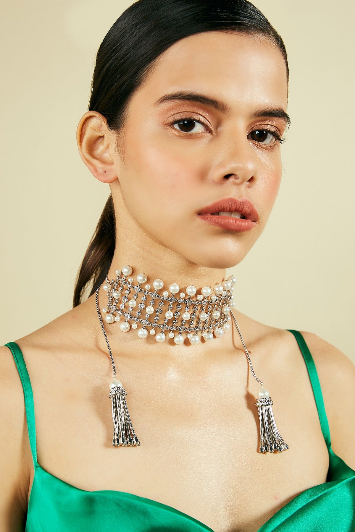 White Finish Choker Necklace WIth Pearl Tassel