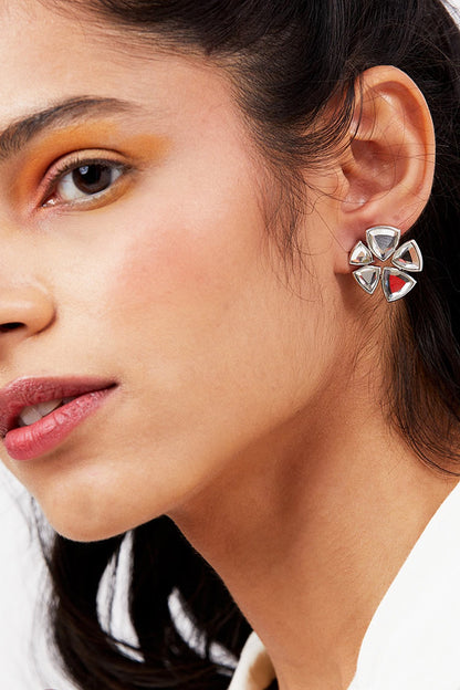 White Finish Statement Mirror Stud Earrings