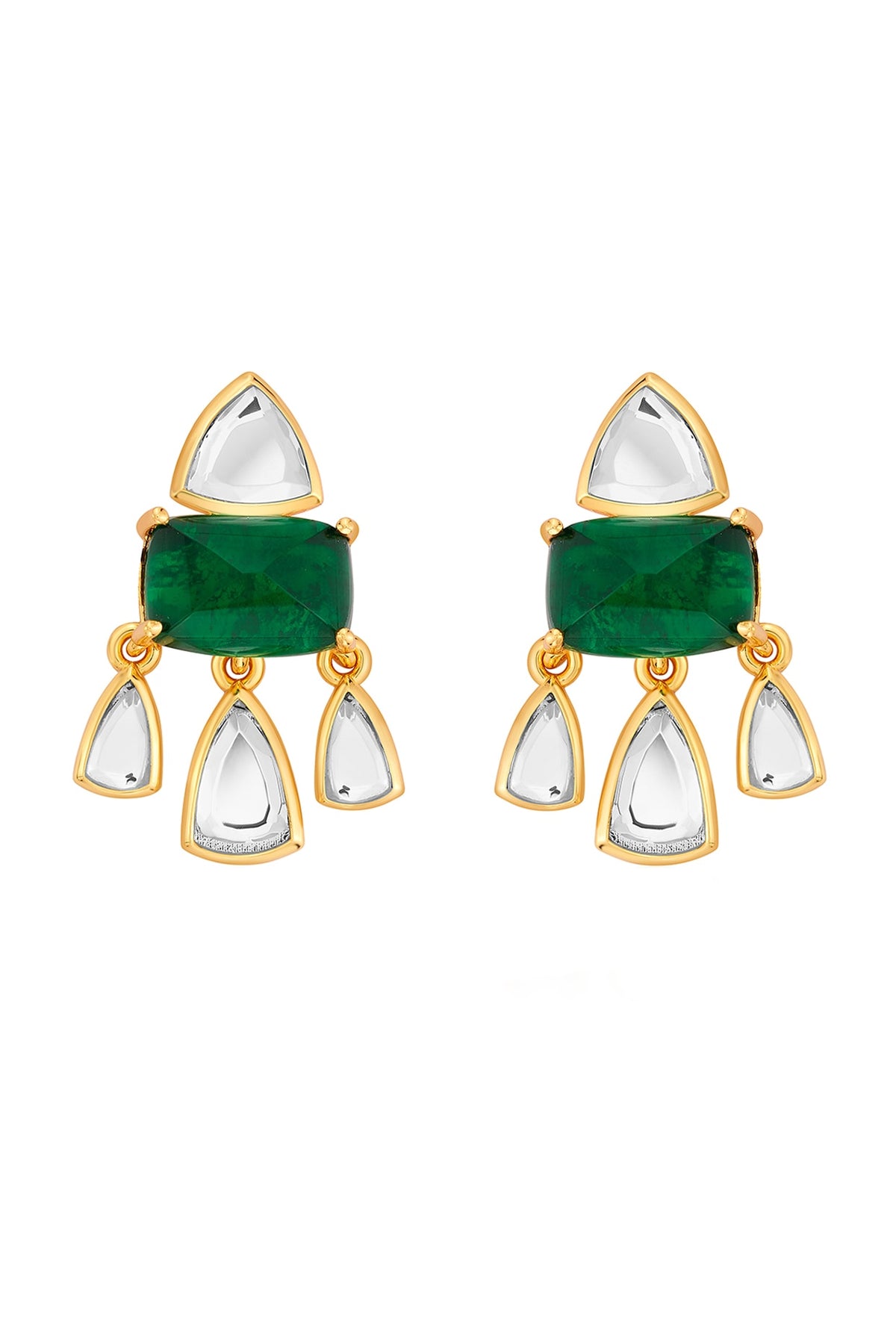 Gold Finish Mirror & Hydro Emerald Stud Earrings