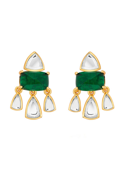 Gold Finish Mirror & Hydro Emerald Stud Earrings