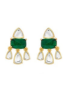 Gold Finish Mirror & Hydro Emerald Stud Earrings