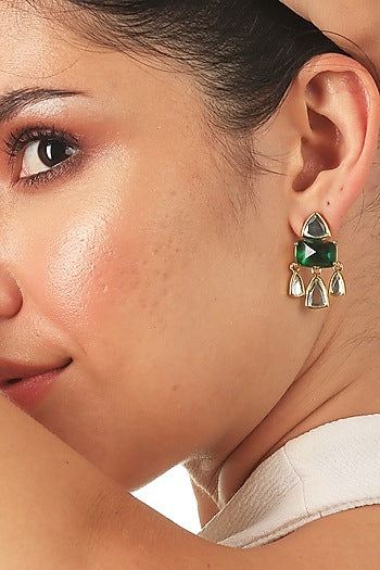 Gold Finish Mirror & Hydro Emerald Stud Earrings