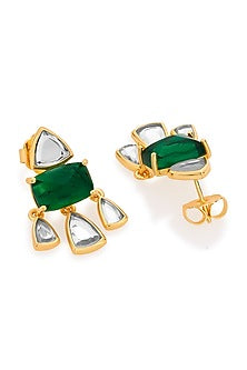 Gold Finish Mirror & Hydro Emerald Stud Earrings