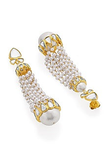 Gold Finish Mirror & Pearl Chandelier Earrings