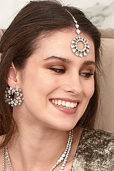 White Finish Cubic Zirconia & Mirror Maang Tikka