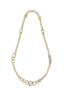Gold Finish Mirror & Cubic Zirconia Long Necklace
