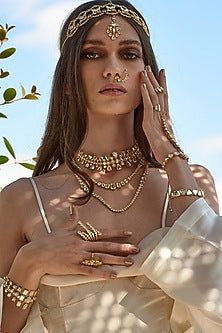 Gold Finish Mirror & Cubic Zirconia Long Necklace