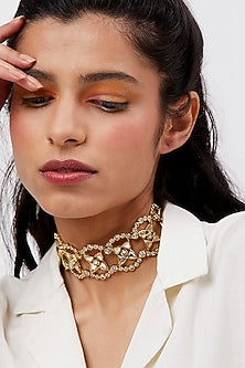 Gold Finish Mirror & CZ Choker Necklace