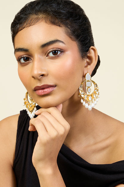 Gold Plated Pearl & Mirror Dangler Earrings