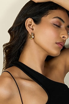 Gold Plated CZ Black Enameled Square Hoop Earrings