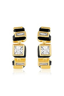 Gold Plated CZ Black Enameled Square Hoop Earrings
