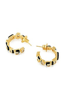 Gold Plated CZ Black Enameled Square Hoop Earrings