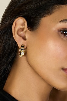 Gold Plated CZ Black Enameled Square Hoop Earrings