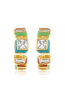 Gold Plated CZ Multi-Colored Enameled Square Hoop Earrings