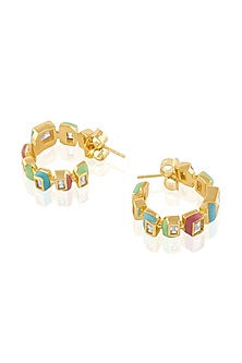 Gold Plated CZ Multi-Colored Enameled Square Hoop Earrings