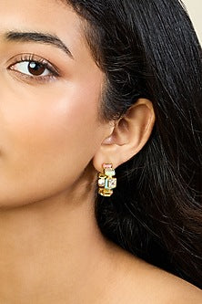 Gold Plated CZ Multi-Colored Enameled Square Hoop Earrings