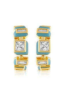 Gold Plated CZ Turquoise Enameled Square Hoop Earrings