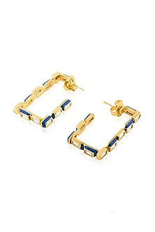 Gold Plated CZ Blue Enameled Square Hoop Earrings