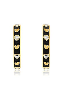 Gold Plated CZ Black Enameled Lucky Charm Hoop Earrings