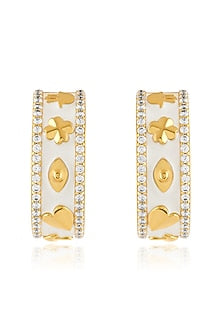 Gold Plated CZ White Enameled Lucky Charm Statement Hoop Earrings