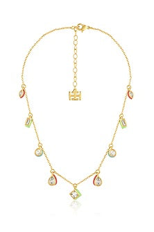 Gold Plated CZ Multi-Colored Drop Enameled Choker Necklace