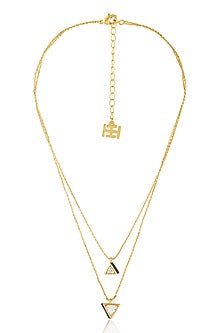 Gold Plated CZ Black Enameled Triangle Layered Necklace