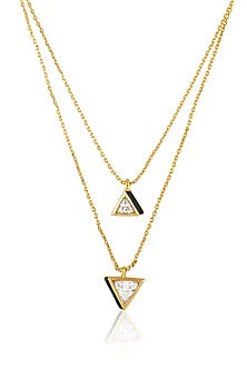 Gold Plated CZ Black Enameled Triangle Layered Necklace
