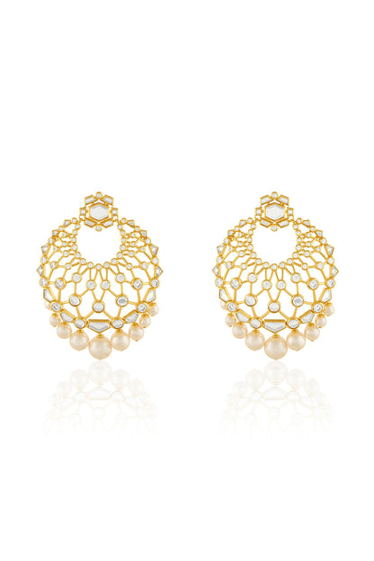Gold Plated Pearl & Mirror Chandbali Earrings