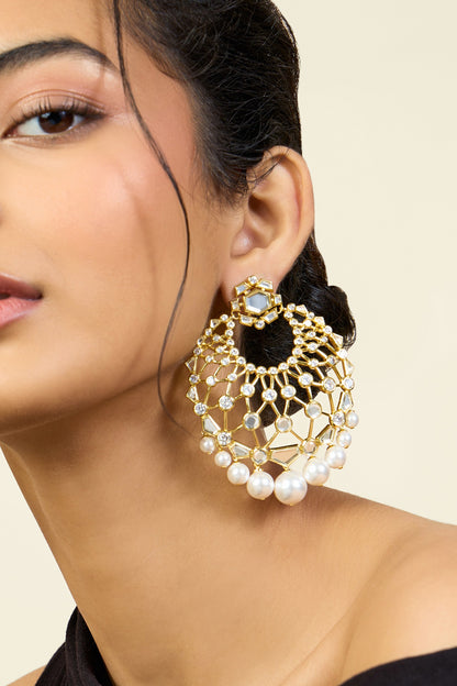 Gold Plated Pearl & Mirror Chandbali Earrings