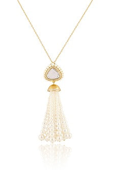 Gold Plated Pearl & Mirror Lucent Tassel Necklace