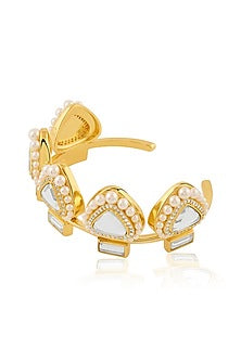 Gold Plated Pearl & CZ Stone Open Cuff
