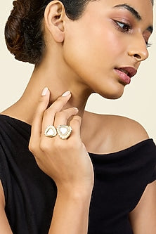 Gold Plated Pearl & CZ Stone Two-Finger Ring