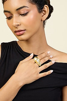 Gold Plated Pearl & CZ Stone Two-Finger Ring