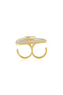 Gold Plated Pearl & CZ Stone Two-Finger Ring