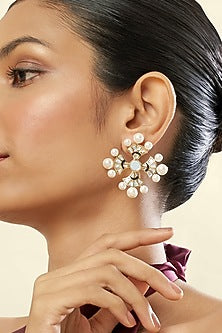 Gold Plated Mirror & Pearl Stud Earrings