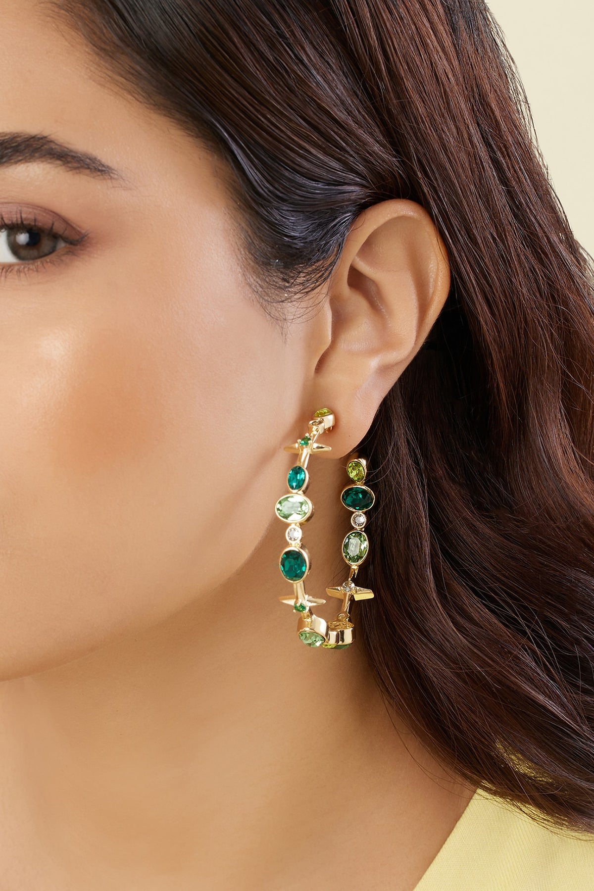 Gold Plated Green Gem Stone Hoop Earrings