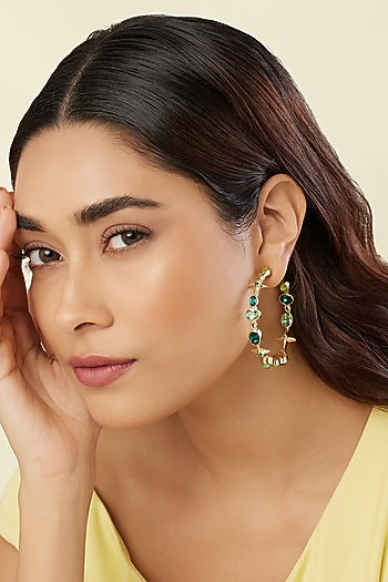 Gold Plated Green Gem Stone Hoop Earrings