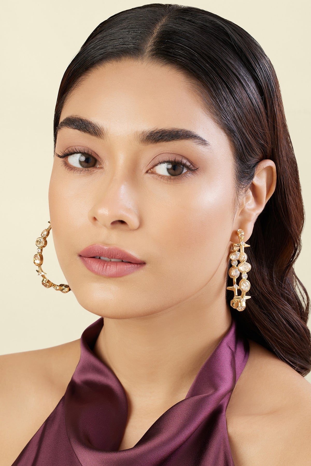 Gold Plated White Gem Stone Hoop Earrings