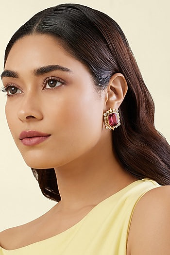 Gold Plated Red Crystal Zirconia Stone Stud Earrings