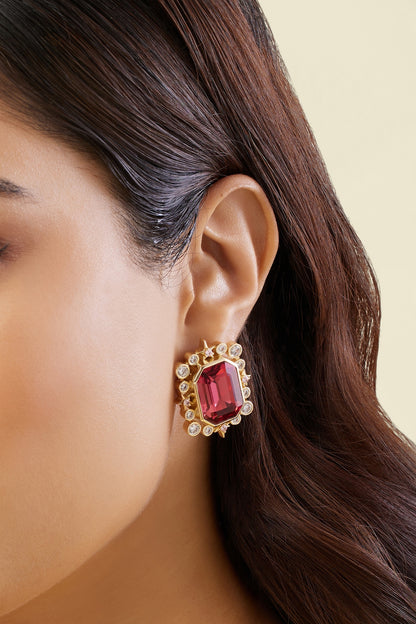 Gold Plated Red Crystal Zirconia Stone Stud Earrings