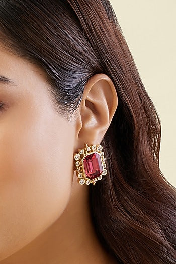 Gold Plated Red Crystal Zirconia Stone Stud Earrings