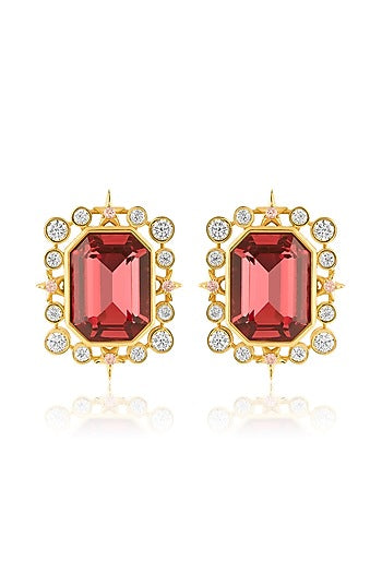 Gold Plated Red Crystal Zirconia Stone Stud Earrings