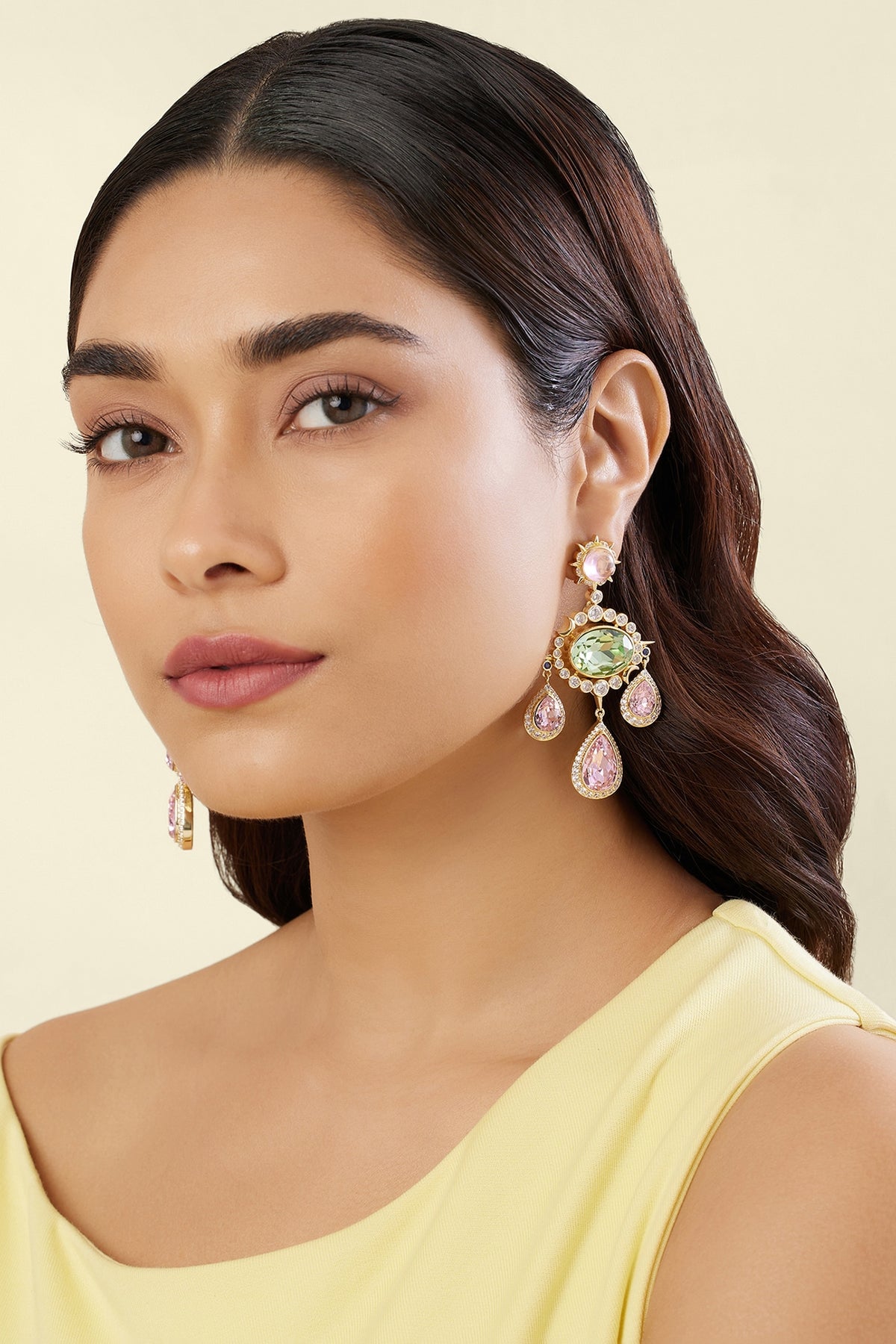 Gold Plated Crystal Zirconia & Cabochon Stone Dangler Earrings