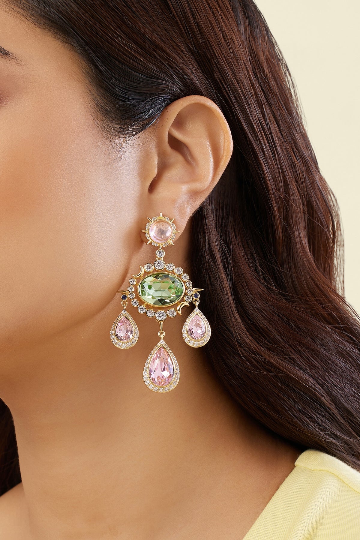 Gold Plated Crystal Zirconia & Cabochon Stone Dangler Earrings