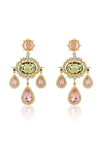 Gold Plated Crystal Zirconia & Cabochon Stone Dangler Earrings
