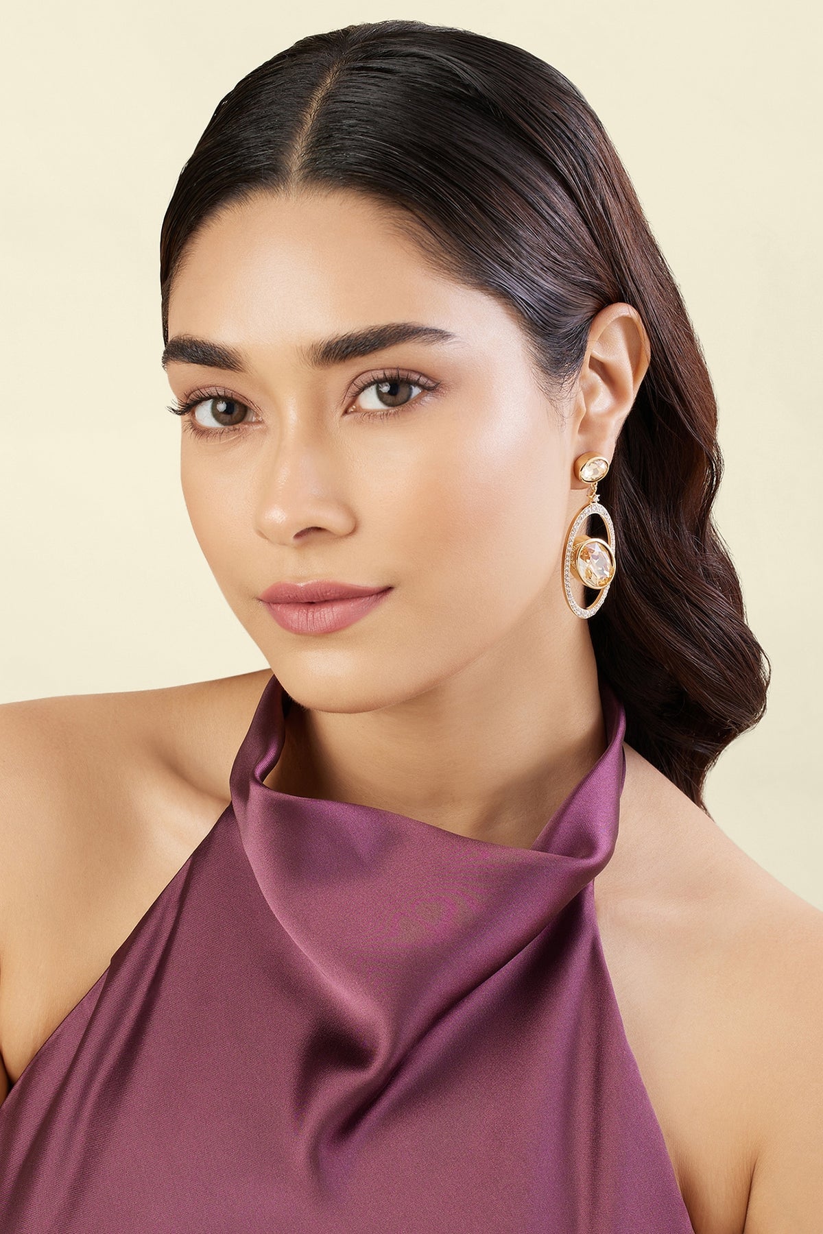Gold Plated Crystal Zirconia & Cabochon Stone Dangler Earrings