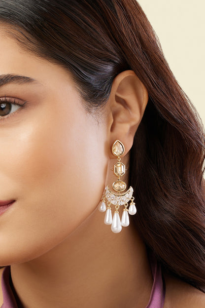 Gold Plated Crystal Zirconia & Pearl Dangler Earrings