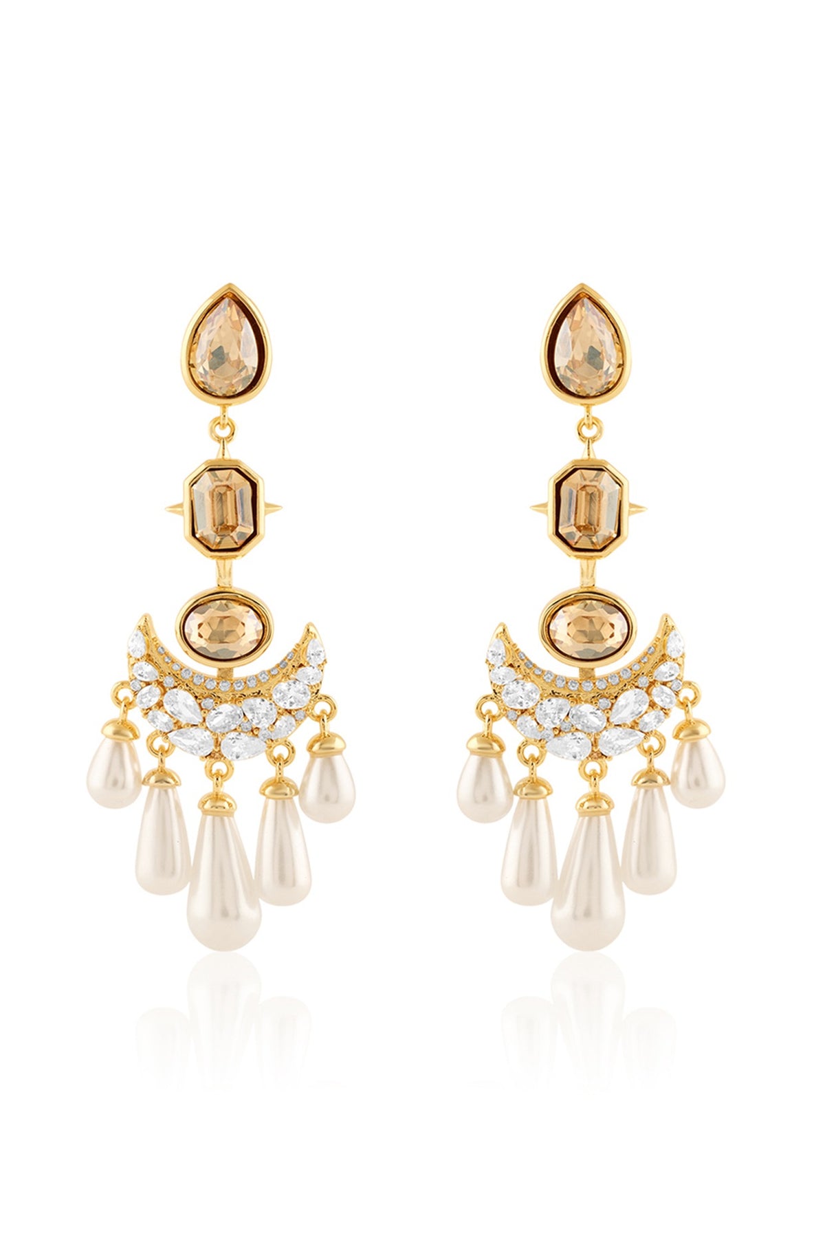 Gold Plated Crystal Zirconia & Pearl Dangler Earrings
