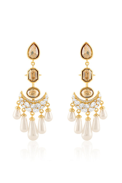 Gold Plated Crystal Zirconia & Pearl Dangler Earrings