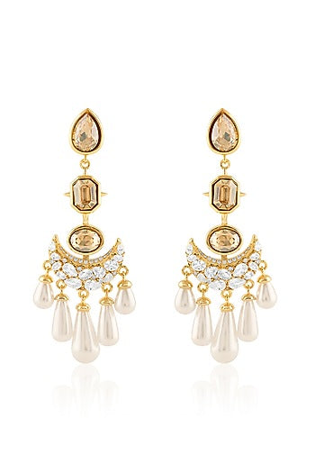 Gold Plated Crystal Zirconia & Pearl Dangler Earrings